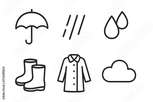 Rainy weather icon set. Minimalist vector line art collection with umbrella, boots, raincoat, cloud, and water drops. Autumn season concept for forecast and climate graphics.