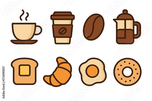 Coffee and breakfast icon set. Minimalist vector cartoon illustration of food and drink for cafe menu. Morning essentials like croissant, toast, egg, bagel, and french press.