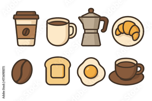 Modern coffee icons set with breakfast essentials. Minimalist vector cartoon illustration of food and drink like coffee cup, moka pot, croissant, toast and fried egg for cafe menu.