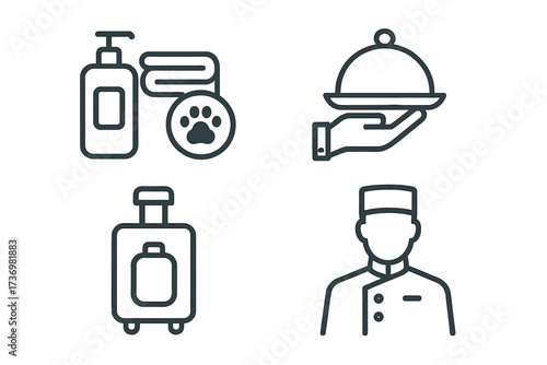 Hotel service and hospitality icon set. Vector line art of amenities, travel, concierge, and pet-friendly services. Minimalist design for room service, luggage, and bellhop.