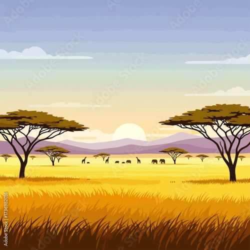 African savanna landscape with animals and acacia trees at sunset.