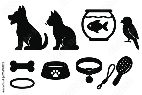 Pet care icons set with animal silhouettes. Vector collection of dog, cat, bird, fish and accessories. Graphics for pet shop, veterinary care, grooming. Bone, bowl, collar.
