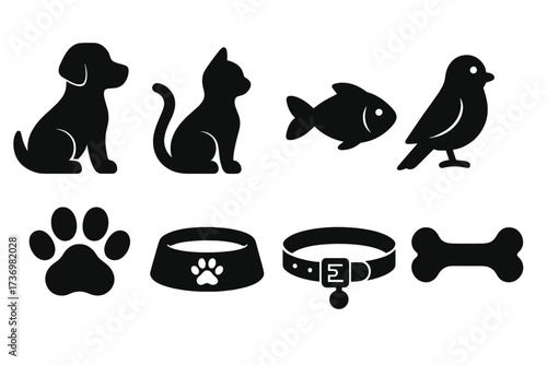 Pet care icon set. Dog, cat, fish, bird, and accessories silhouettes. Vector graphic collection for animal lovers, vet clinics or pet shops. Puppy, kitten, paw print, food bowl symbols.