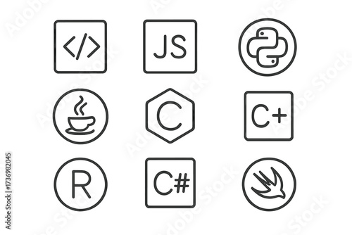 Programming language icons set. Minimalist outline symbols for software development. Vector logos for web and app design. Python, Java, C++, JS, C#, Swift, R, code signs.