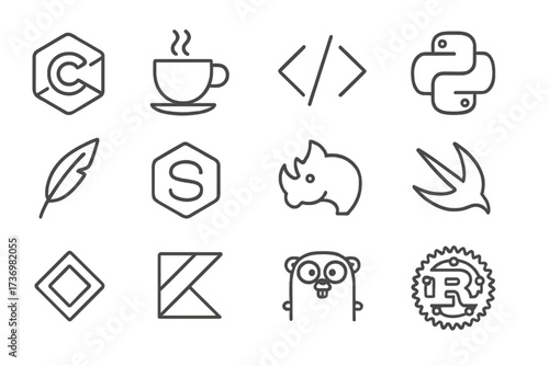 Programming languages icon set. Minimalist outline style vector symbols for C++, Java, Python, Swift, Go, Rust, and more. Software development and web coding logo collection.