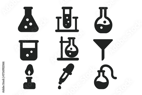 Science lab equipment icons set. Chemistry tools in minimalist black silhouette style. Vector illustration for experiment, research, education. Flask, beaker, test tube glyphs.