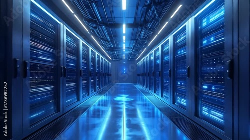 Futuristic Data Center Corridor with Server Racks and Digital Network Infrastructure