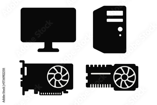 Black silhouette icon set of computer parts. PC hardware components collection with monitor, desktop tower case, GPU video card, and RAM memory stick. Vector graphic for tech.