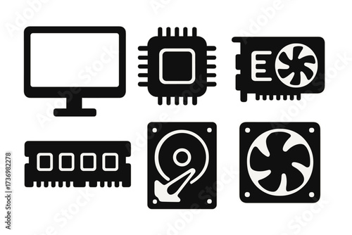 Computer hardware components icon set. PC parts silhouette vector. Monitor, CPU processor, GPU graphics card, RAM memory, hard drive disk, solid state drive, cooler fan.