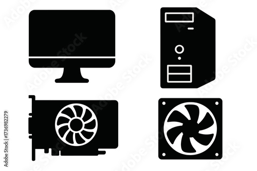 PC build components. Computer hardware parts icon set. Vector silhouette illustration of monitor screen, desktop tower, video graphics card GPU, and cooling system fan.