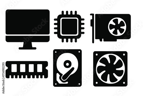 Computer hardware components vector icon set. Black silhouette symbols of PC parts. Monitor, CPU, GPU, RAM, hard drive, fan. Technology, electronics, and PC building concept.