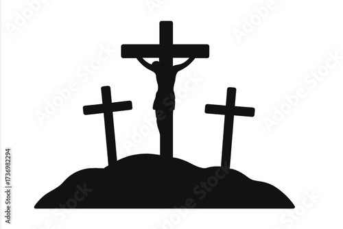Calvary silhouette with three crosses. Crucifixion of Jesus Christ on the cross. Biblical scene of Golgotha. Christian symbol of faith, sacrifice, and salvation for Easter.