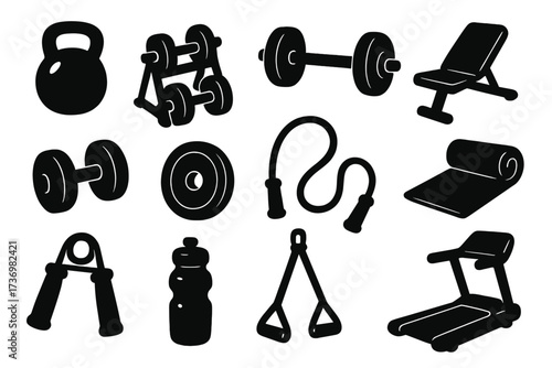 Fitness equipment silhouette icon set. Gym workout tools for training and exercise. Vector collection of dumbbell, barbell, kettlebell, and treadmill for sport and bodybuilding.