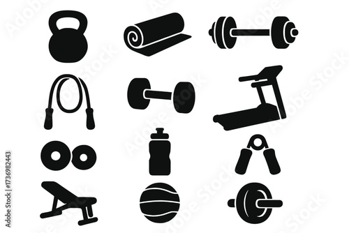 Fitness equipment icon set for gym workout. Black silhouette symbols. Vector illustration of dumbbell, barbell, kettlebell, treadmill for sport exercise, bodybuilding, healthy lifestyle.