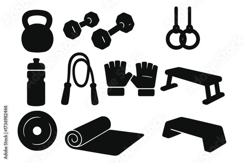 Fitness equipment icon set silhouette. Gym workout tools vector collection. Kettlebell, dumbbell, jump rope, yoga mat icons. Bodybuilding, crossfit, strength training.