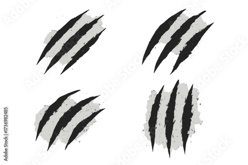Claw scratches of a wild animal. Set of four grunge monster slash marks. Vector illustration of a predator attack trace. Ripped, torn, and damaged surface by a bear or tiger.