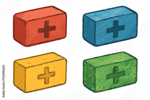 Set of plus symbol icons. Hand drawn cartoon vector illustration of positive signs. Colorful building blocks with addition concept. Benefits, more, advantage, and growth metaphor.