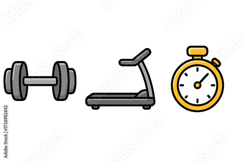 Simple fitness icon set. Dumbbell for strength training, treadmill for cardio running, stopwatch for workout timing. Vector cartoon illustration for gym and sport design.
