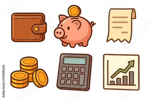 Financial icons set for business and economy. Cartoon vector wallet, piggy bank, receipt, coins, and calculator. Concepts of saving money, investment, budget, and growth chart.
