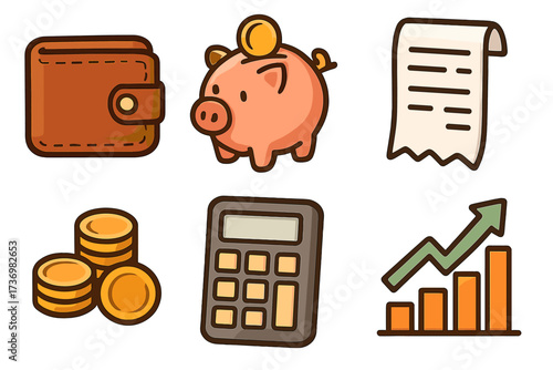 Financial icons set for business and economy. Includes wallet for payment, piggy bank for savings, receipt for budget, coins, calculator and growth chart. Vector cartoon pack.