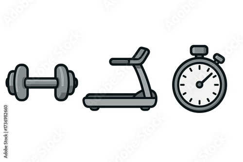 Fitness icon set with dumbbell, treadmill, and stopwatch. Vector illustration of simple gym equipment for workout design. Concepts for strength training, cardio, and timing.