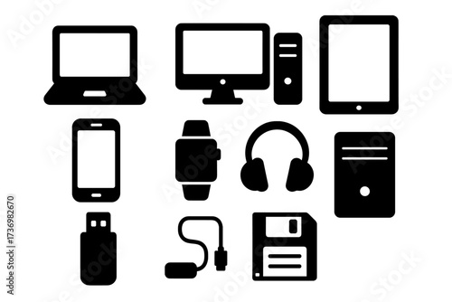 Technology device icon set. Simple black silhouette pictogram collection. Vector illustration of computer, laptop, phone, tablet, storage. Gadget and electronics glyphs for web.