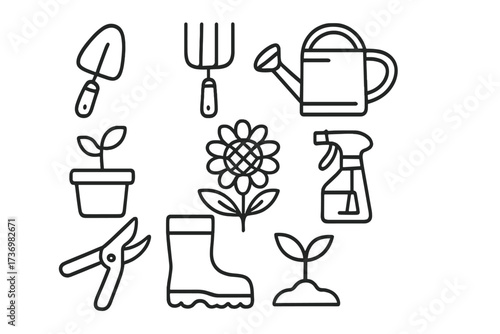 Gardening icon set. Line art collection. Garden tools and plants illustration. Outline vector symbols for horticulture. Trowel, watering can, shears, boot, sprout.