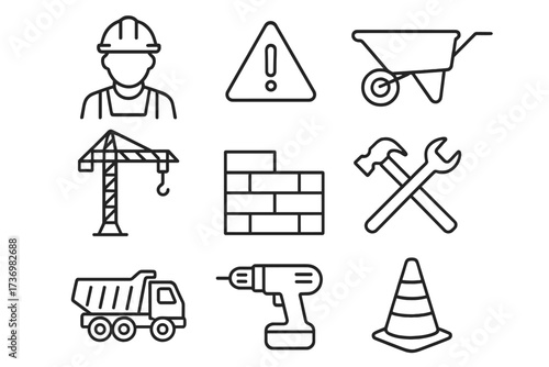 Construction line icon set. Vector outline symbols for building, repair, and industrial projects. Includes worker, hard hat, crane, dump truck, tools, drill, wheelbarrow, safety cone.
