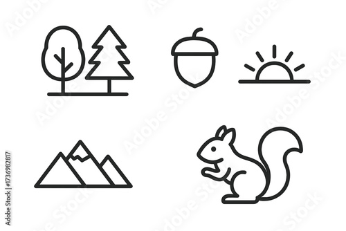 Nature line icon set with forest trees, squirrel, mountain, acorn, and sunrise. Simple minimalist outline symbols. Outdoor park and wildlife vector pictograms for web design.