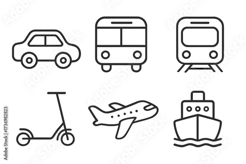 Set of transport icons. Linear vector symbols for car, bus, train, scooter, airplane, and ship. Public and personal transportation modes for travel, delivery and tourism.