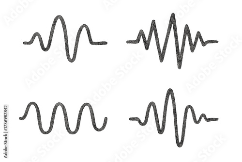 Set of hand drawn crayon strokes and charcoal doodles. Wavy and zigzag lines collection. Abstract scribble, soundwave, EKG, pulse shapes. Vector cartoon illustration elements.