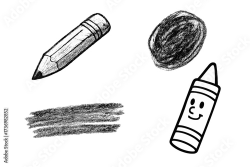 Charcoal pencil drawing and cartoon crayon character illustration set. Vector graphic resources with hand-drawn graphite strokes, scribble textures and doodle art elements.