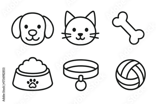 Pet icon set in simple line art style. Vector collection of dog and cat faces, food bowl, bone, collar, and ball toy. Symbols for pet shop, veterinary, or animal care.