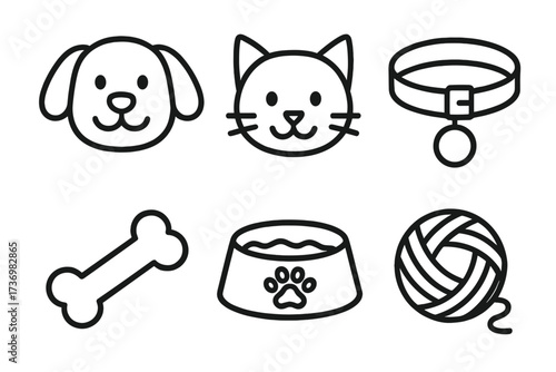 Pet icon collection with dog and cat heads, collar, bone, food bowl and yarn ball. Simple black outline vector symbols for vet, pet shop, or animal care. Isolated elements.