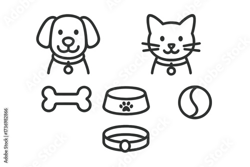Pet icon set with simple dog and cat faces. Linear outline vector illustration of pet accessories: bone, food bowl, toy ball, and collar. For animal care, vet, pet shop.