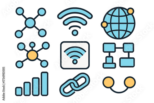 Technology icon set of network and connectivity symbols. Vector cartoon illustration of wifi, global communication, data, and signal. Web and app pictogram design elements.