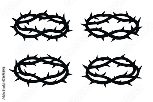 Crown of thorns silhouette set. Jesus Christ passion symbol. Christian religious sign. Easter crucifixion story. Suffering and sacrifice concept. Holy week vector icon collection.