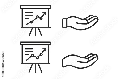 Growth chart presentation icon set. Business analysis diagram. Financial data report. Arrow up progress success symbol. Hand offering support service. Investment profit concept.