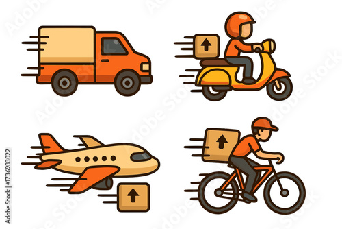 Express delivery service icon set. Fast shipping and logistics concept with various transport options. Includes truck, scooter, bicycle courier, and airplane vector graphics.