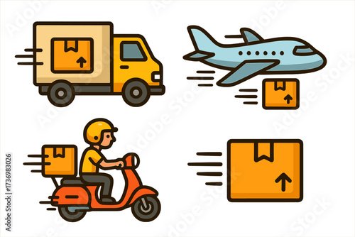 Delivery service icon set. Fast shipping and logistics concept. Vector cartoon illustration of express transport with truck, air freight plane, and scooter courier for e-commerce.
