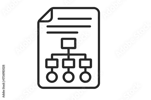 Flowchart icon on document. Business process organization and hierarchy structure. Corporate workflow management. Data classification diagram. Vector line art symbol isolated.