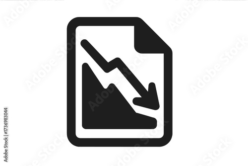 Document icon with a loss chart symbol. Financial report with a decline graph. Business failure concept. Arrow down showing market crisis, recession, decrease, and bad data.