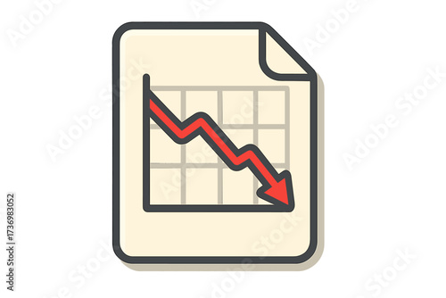 Document with loss chart symbol. Financial report with red arrow down. Business graph decline. Economic crisis concept. Stock market decrease vector illustration. Bankruptcy.