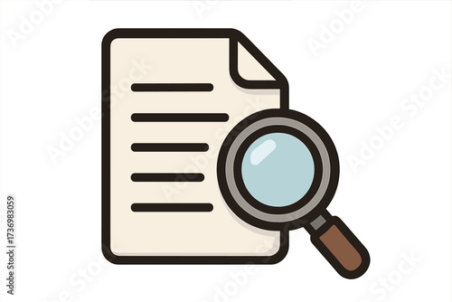 Document search icon. Magnifying glass over paper file. Data analysis, information review, business audit, research, investigation, discovery, and scrutiny concept.