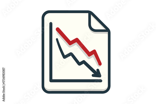 Vector illustration of a loss chart. Document icon with a decreasing graph. Metaphor for financial crisis, business failure, recession, market fall, and stock crash.