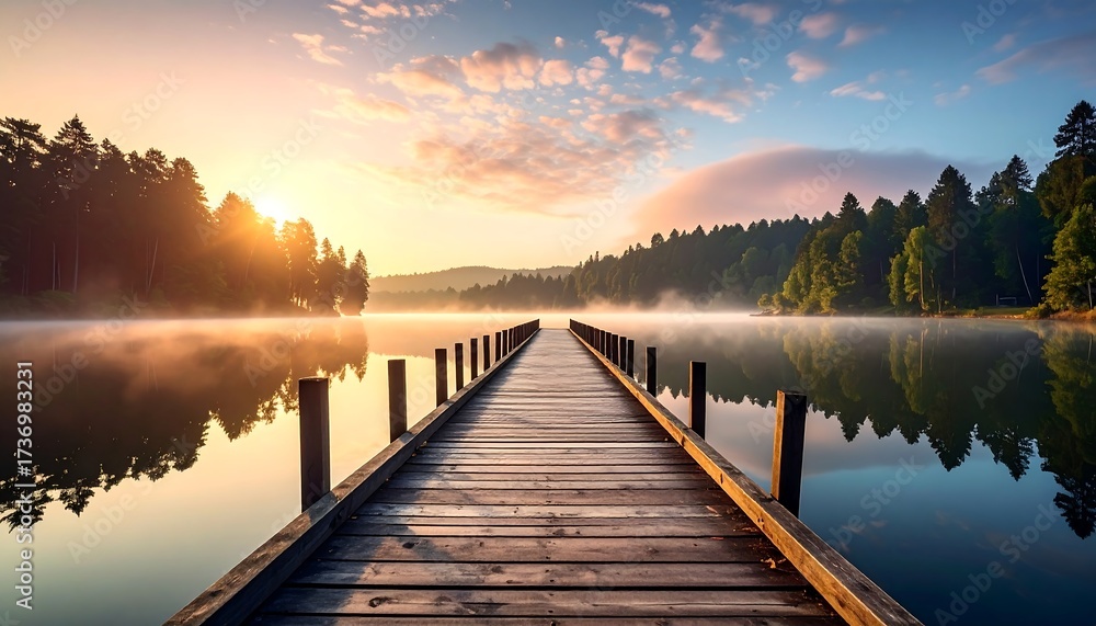 Fototapeta premium Pier leads into mist lake.