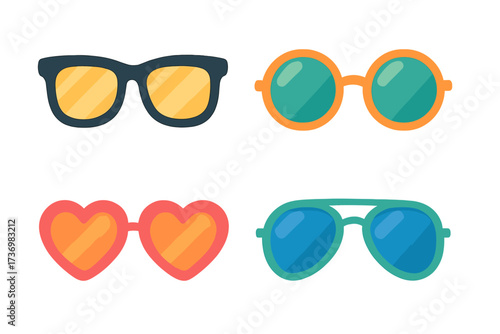 Set of colorful sunglasses. Summer glasses collection. Fashion accessory icon. Vector cartoon illustration. Retro style eyeglasses. Heart, aviator, round and wayfarer shape.