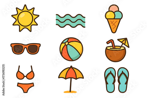 Summer beach vacation icon set. Vector cartoon illustration collection. Sun, sea, ice cream, sunglasses, ball, coconut drink, bikini, umbrella, flip flops. Isolated on white.