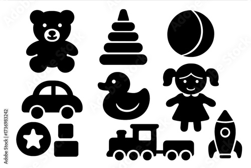 Set of children's toy icons in simple black silhouette style. Vector collection of popular playtime objects like teddy bear, car, doll, duck, train, ball, rocket, and pyramid.