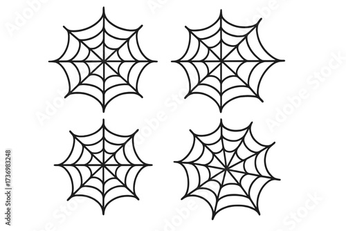 Spider web icon set for Halloween decoration. Spooky cobweb silhouette collection. Vector graphic for horror or fear concept. Creepy simple line art spidernet elements pack.